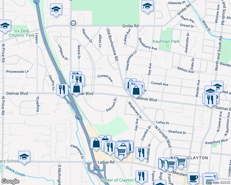 map of restaurants, bars, coffee shops, grocery stores, and more near 8241 Delmar Boulevard in St. Louis
