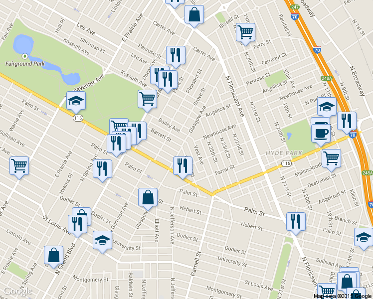 map of restaurants, bars, coffee shops, grocery stores, and more near 3932 Parnell Street in St. Louis