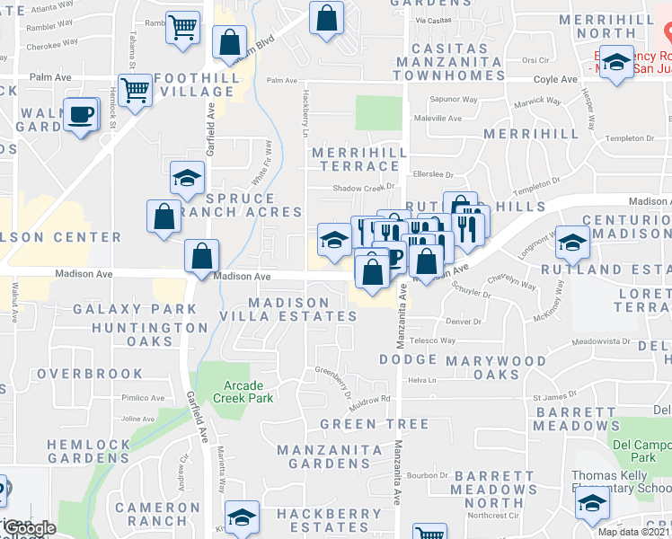 map of restaurants, bars, coffee shops, grocery stores, and more near 57 Madison Avenue in Sacramento
