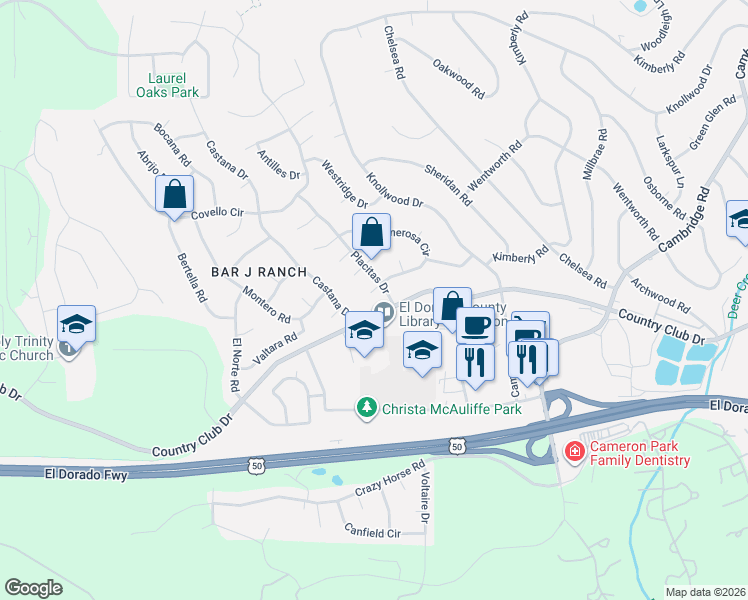 map of restaurants, bars, coffee shops, grocery stores, and more near 4198 Ciello Court in Cameron Park