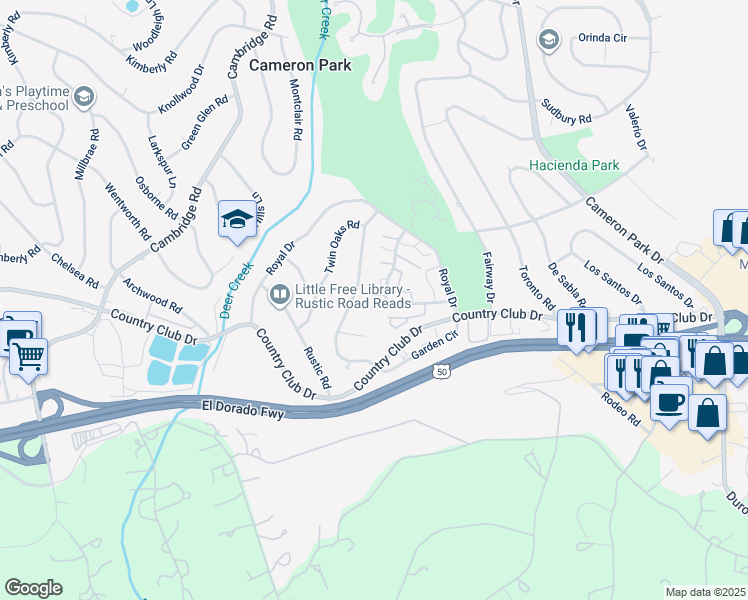 map of restaurants, bars, coffee shops, grocery stores, and more near 3268 Heights Drive in Cameron Park