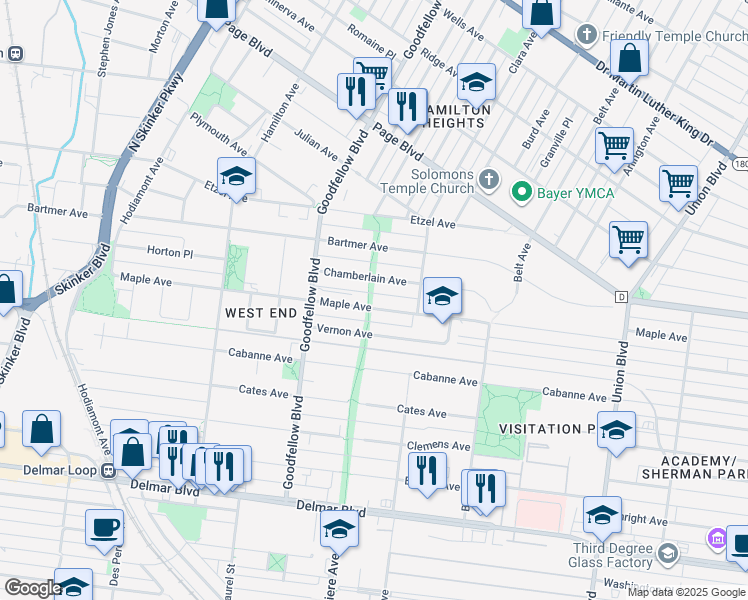 map of restaurants, bars, coffee shops, grocery stores, and more near 5665 Maple Avenue in St. Louis