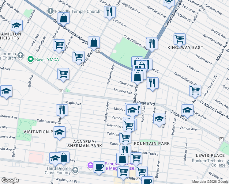 map of restaurants, bars, coffee shops, grocery stores, and more near 5090 Minerva Avenue in St. Louis