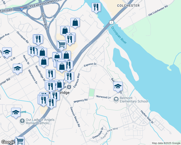 map of restaurants, bars, coffee shops, grocery stores, and more near 945 Herons Run Lane in Woodbridge