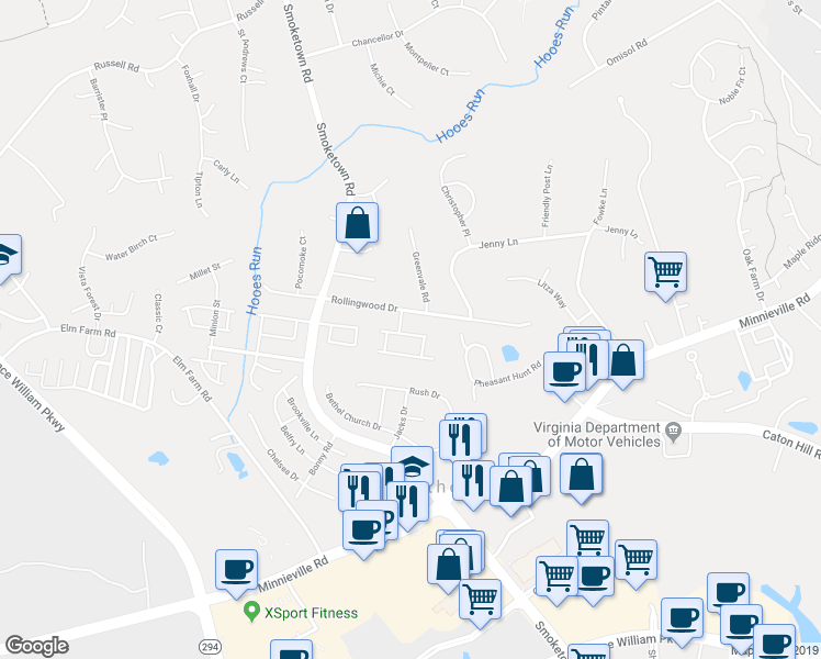 map of restaurants, bars, coffee shops, grocery stores, and more near 13624 Bentley Circle in Woodbridge