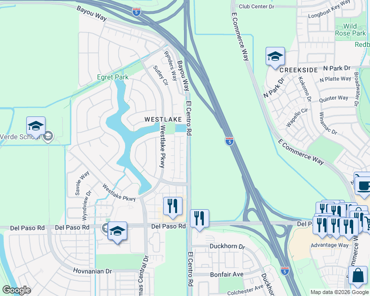 map of restaurants, bars, coffee shops, grocery stores, and more near 161 Anjou Circle in Sacramento