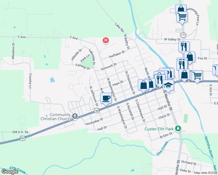 map of restaurants, bars, coffee shops, grocery stores, and more near 151 North Washington Street in Council Grove