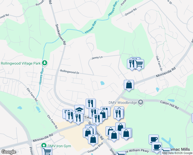 map of restaurants, bars, coffee shops, grocery stores, and more near 3312 Rollingwood Drive in Woodbridge