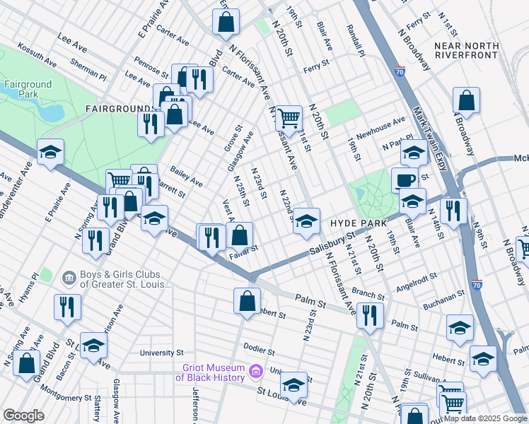 map of restaurants, bars, coffee shops, grocery stores, and more near 3901 North 23rd Street in Saint Louis