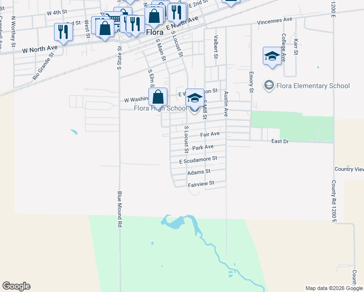 map of restaurants, bars, coffee shops, grocery stores, and more near 848-898 South Locust Street in Flora
