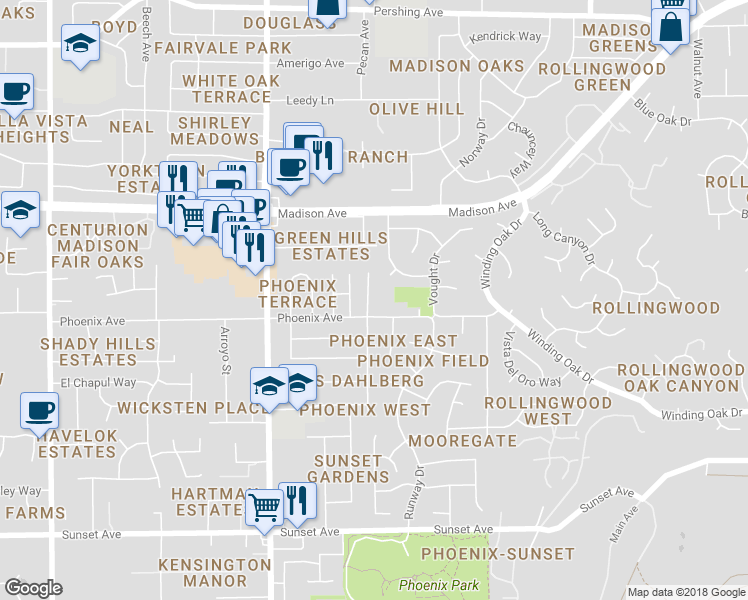 map of restaurants, bars, coffee shops, grocery stores, and more near 5208 Brondsbury Lane in Fair Oaks