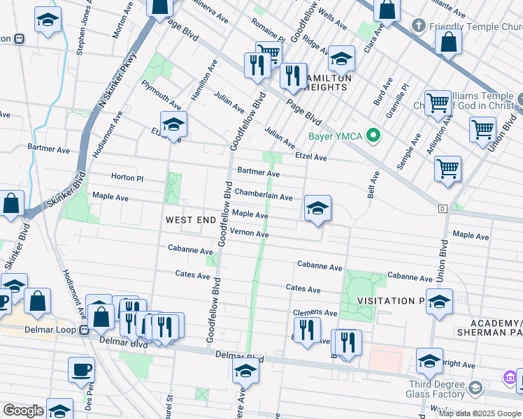 map of restaurants, bars, coffee shops, grocery stores, and more near 5665 Maple Avenue in St. Louis