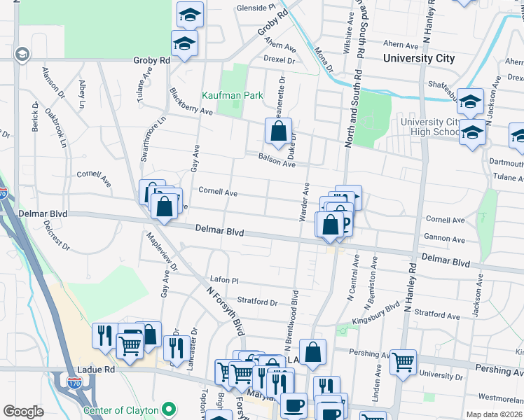 map of restaurants, bars, coffee shops, grocery stores, and more near 7901 Gannon Avenue in University City