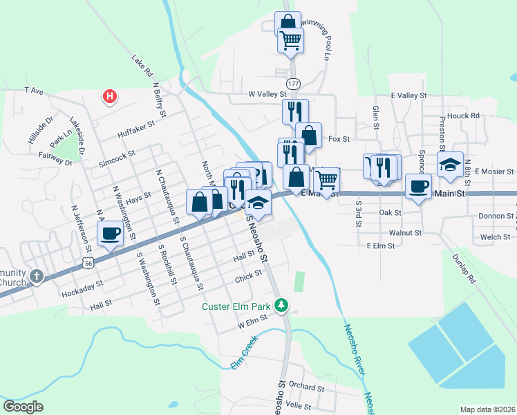 map of restaurants, bars, coffee shops, grocery stores, and more near 248 Wood Street in Council Grove