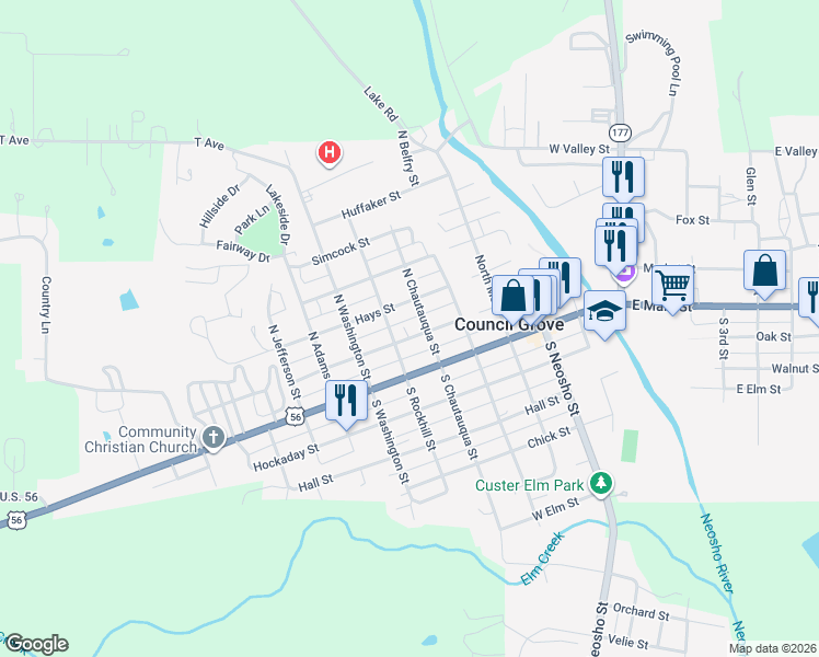 map of restaurants, bars, coffee shops, grocery stores, and more near 122 North Rockhill Street in Council Grove