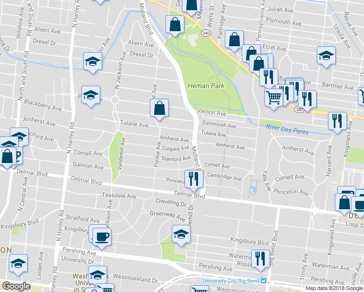 map of restaurants, bars, coffee shops, grocery stores, and more near 7223 Colgate Avenue in University City