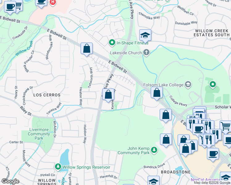 map of restaurants, bars, coffee shops, grocery stores, and more near 113 Kennerly Way in Folsom