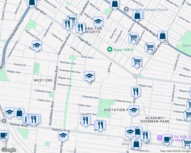 map of restaurants, bars, coffee shops, grocery stores, and more near 5548 Chamberlain Avenue in St. Louis