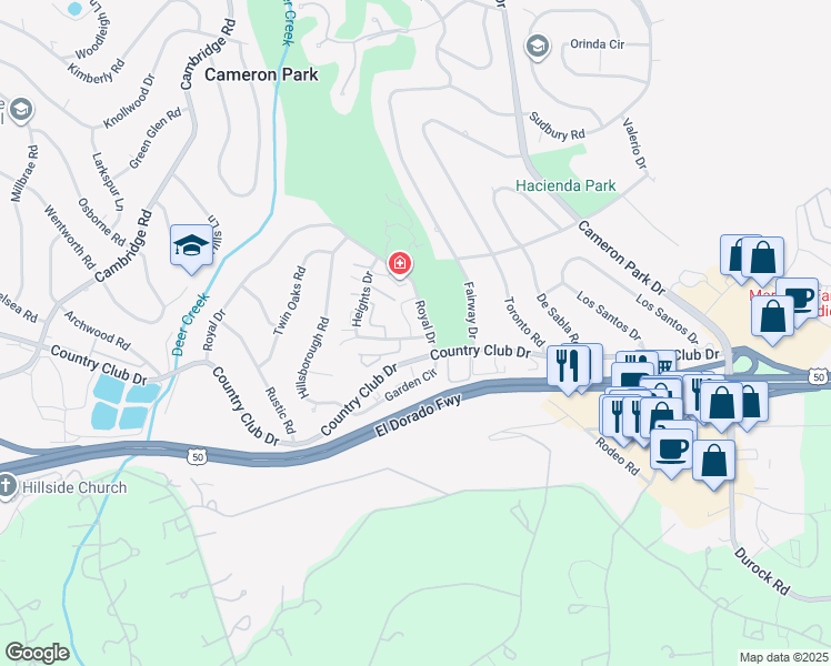 map of restaurants, bars, coffee shops, grocery stores, and more near 3293 Amethyst Lane in Cameron Park