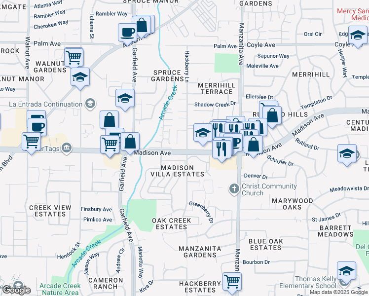 map of restaurants, bars, coffee shops, grocery stores, and more near 5203 Hackberry Lane in Sacramento