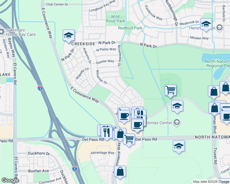 map of restaurants, bars, coffee shops, grocery stores, and more near 4815 Winamac Drive in Sacramento