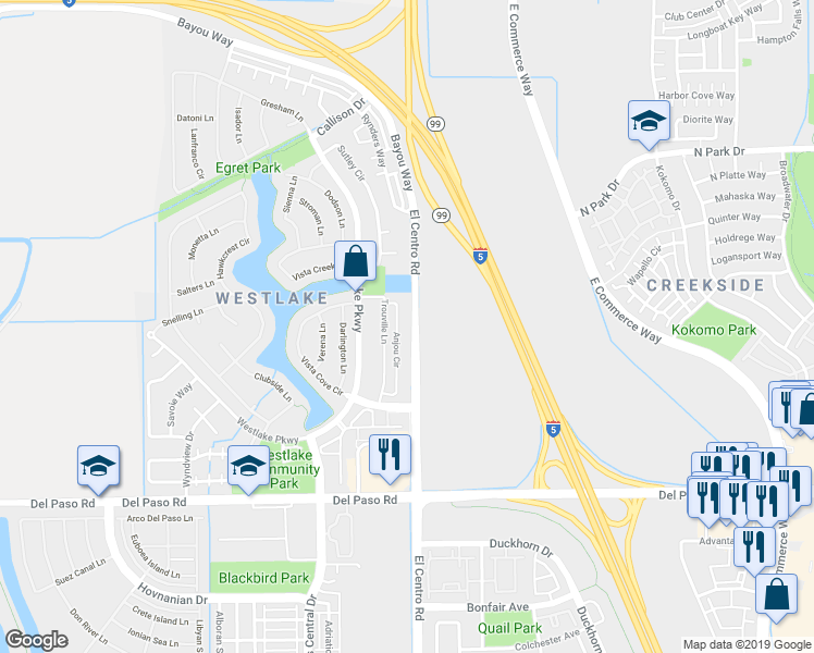 map of restaurants, bars, coffee shops, grocery stores, and more near 161 Anjou Circle in Sacramento