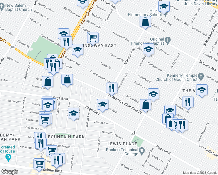 map of restaurants, bars, coffee shops, grocery stores, and more near 1523 Marcus Avenue in St. Louis