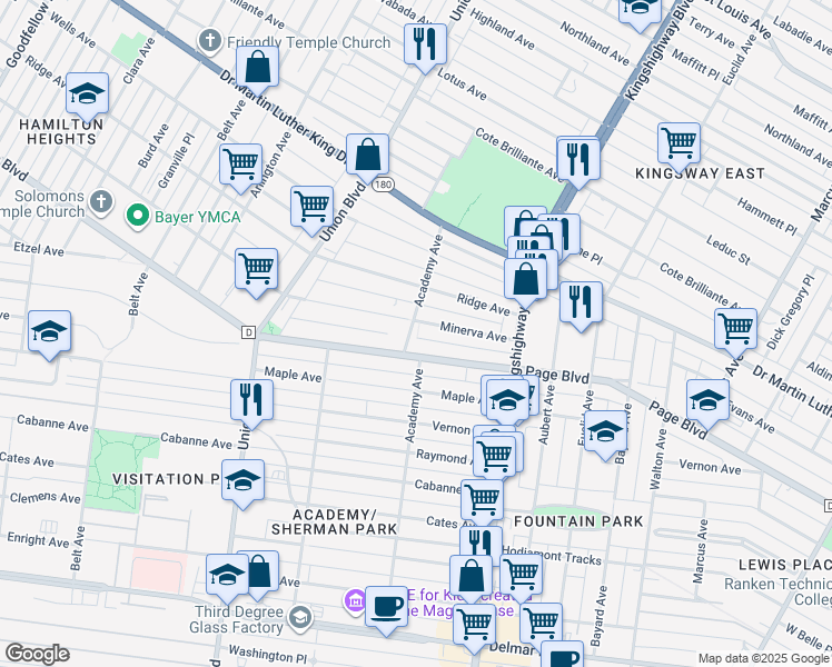 map of restaurants, bars, coffee shops, grocery stores, and more near 5090 Minerva Avenue in St. Louis