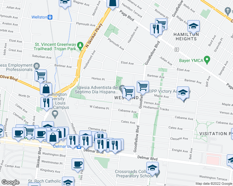map of restaurants, bars, coffee shops, grocery stores, and more near 957 Hamilton Avenue in St. Louis