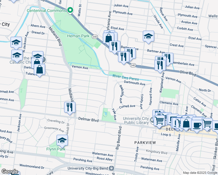 map of restaurants, bars, coffee shops, grocery stores, and more near 789 Yale Avenue in University City