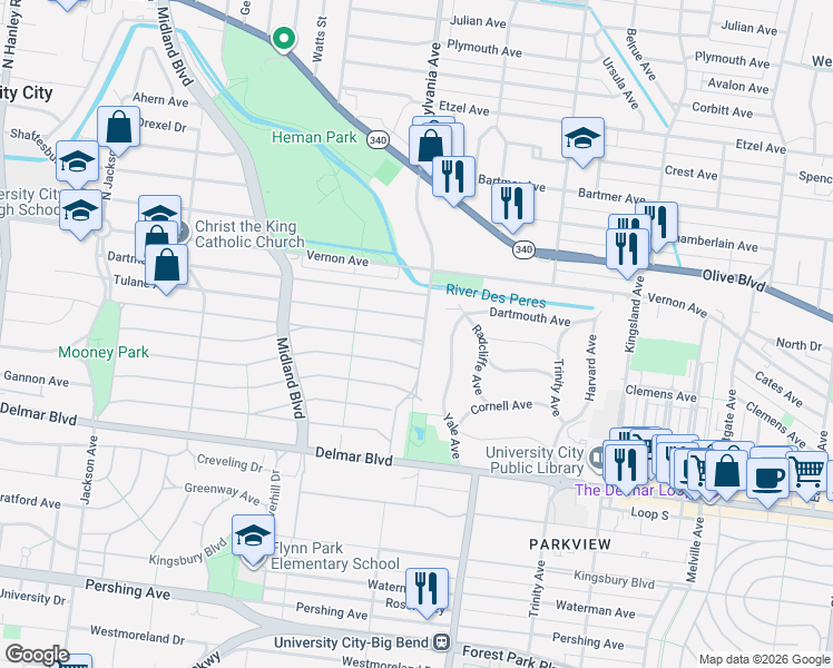 map of restaurants, bars, coffee shops, grocery stores, and more near 7009 Amherst Avenue in University City