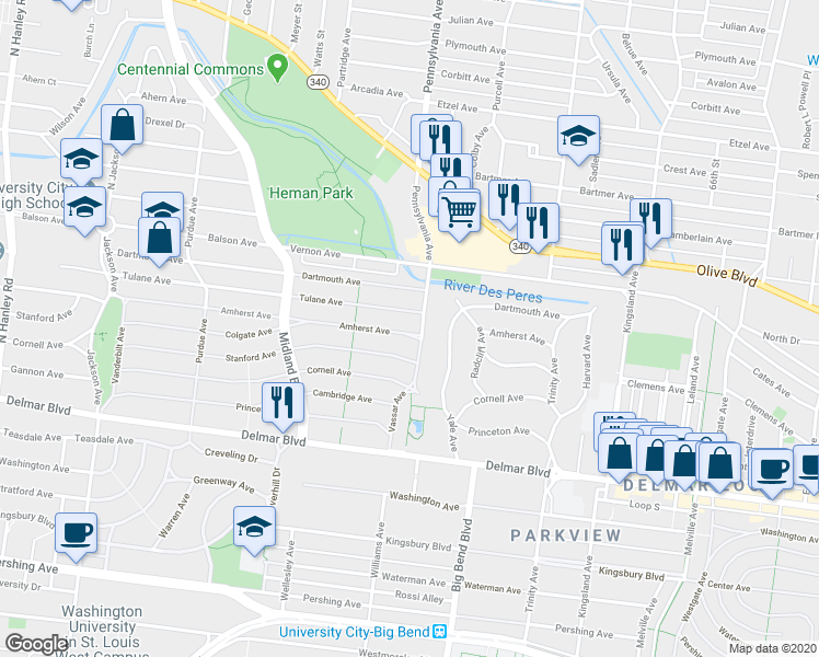 map of restaurants, bars, coffee shops, grocery stores, and more near 7009 Amherst Avenue in University City