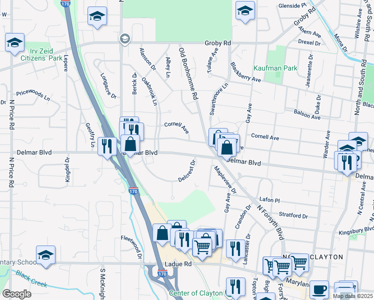 map of restaurants, bars, coffee shops, grocery stores, and more near 8241 Delmar Boulevard in St. Louis