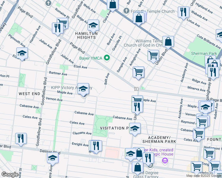 map of restaurants, bars, coffee shops, grocery stores, and more near 5432 Bartmer Avenue in St. Louis