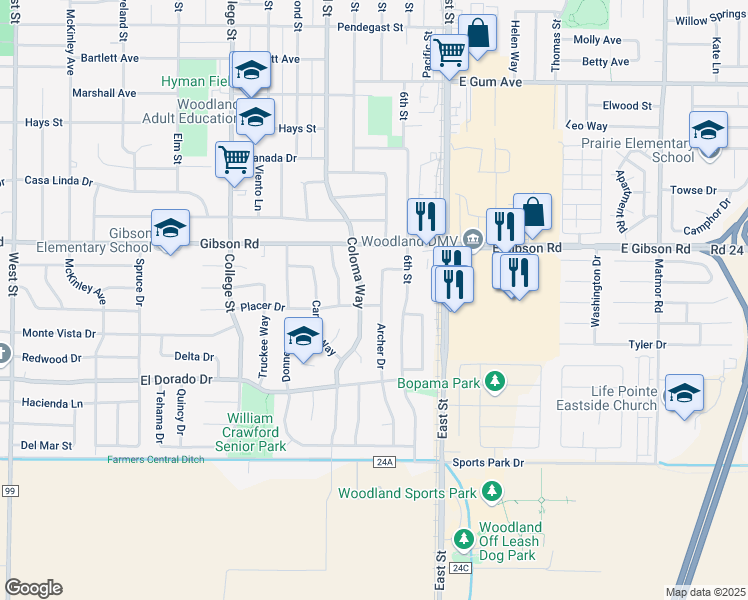 map of restaurants, bars, coffee shops, grocery stores, and more near 815 Placer Drive in Woodland