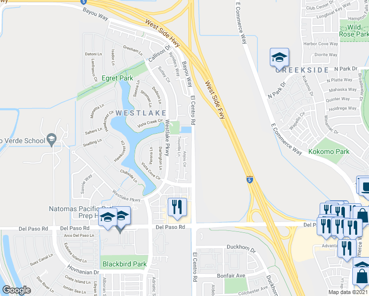 map of restaurants, bars, coffee shops, grocery stores, and more near 141 Anjou Circle in Sacramento