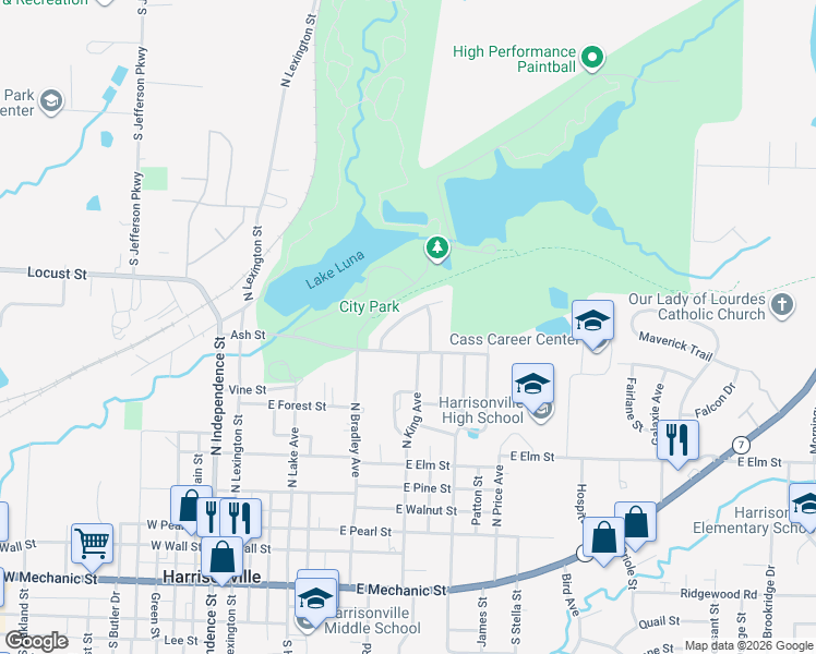 map of restaurants, bars, coffee shops, grocery stores, and more near 907 Parkridge Street in Harrisonville