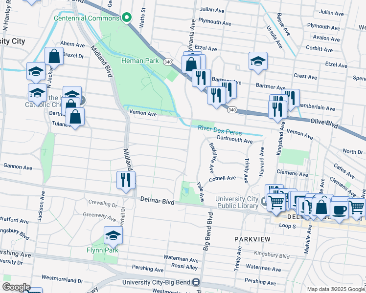 map of restaurants, bars, coffee shops, grocery stores, and more near 7009 Amherst Avenue in University City
