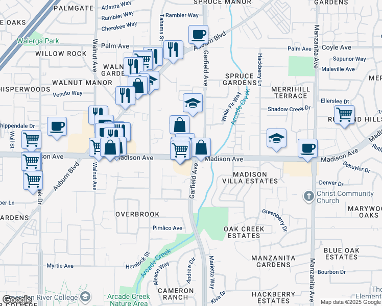 map of restaurants, bars, coffee shops, grocery stores, and more near 5429 Madison Avenue in Sacramento