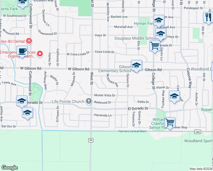 map of restaurants, bars, coffee shops, grocery stores, and more near 1417 Madrone Way in Woodland