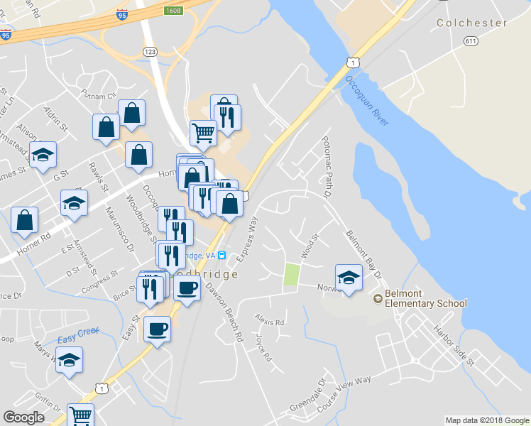 map of restaurants, bars, coffee shops, grocery stores, and more near 975 Herons Run Lane in Woodbridge