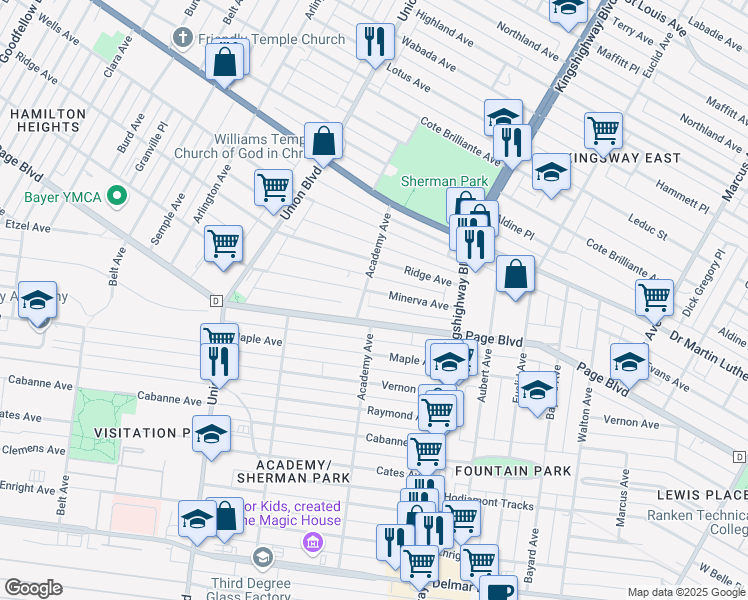 map of restaurants, bars, coffee shops, grocery stores, and more near 5090 Minerva Avenue in St. Louis
