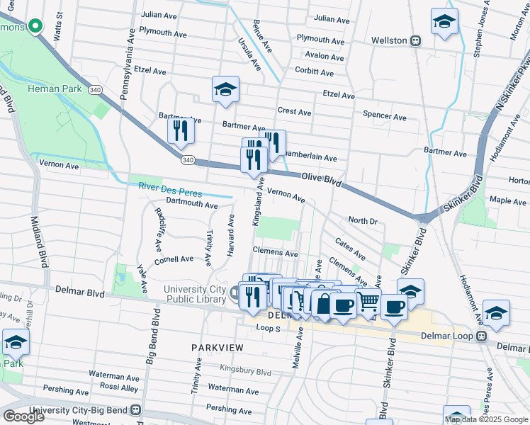 map of restaurants, bars, coffee shops, grocery stores, and more near 844 Kingsland Avenue in University City