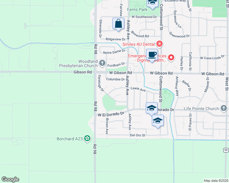 map of restaurants, bars, coffee shops, grocery stores, and more near 829 Lewis Avenue in Woodland