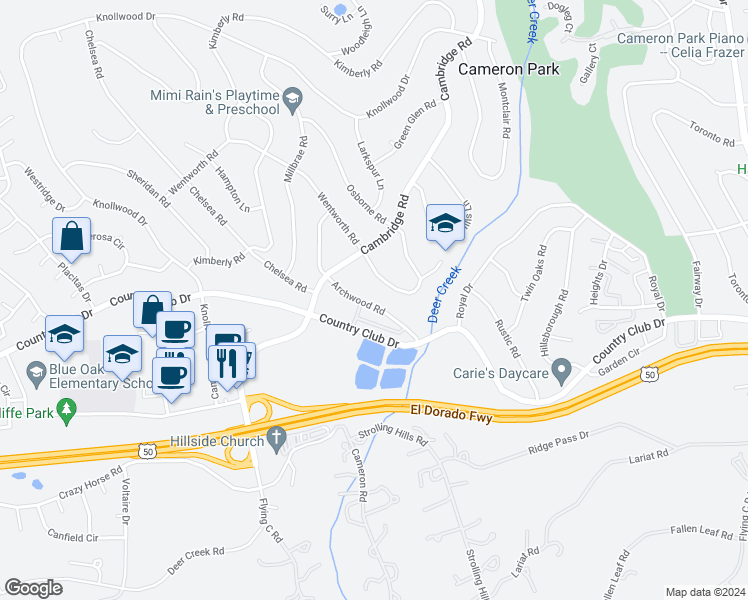 map of restaurants, bars, coffee shops, grocery stores, and more near 3883 Archwood Road in Cameron Park