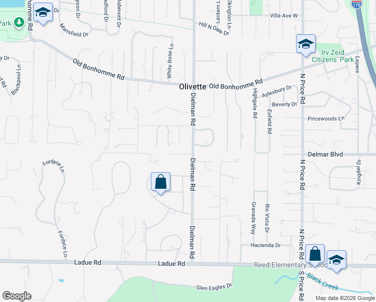 map of restaurants, bars, coffee shops, grocery stores, and more near 331 Dielman Road in Olivette