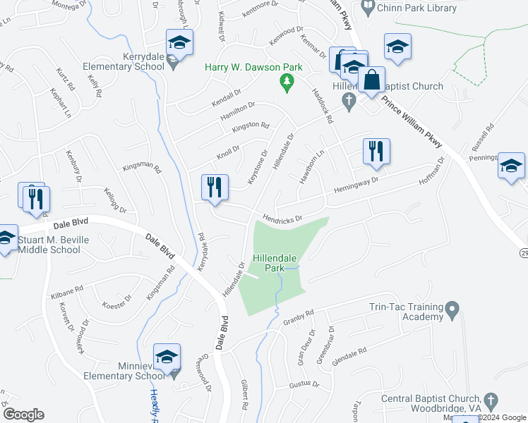 map of restaurants, bars, coffee shops, grocery stores, and more near 4437 Hendricks Drive in Woodbridge