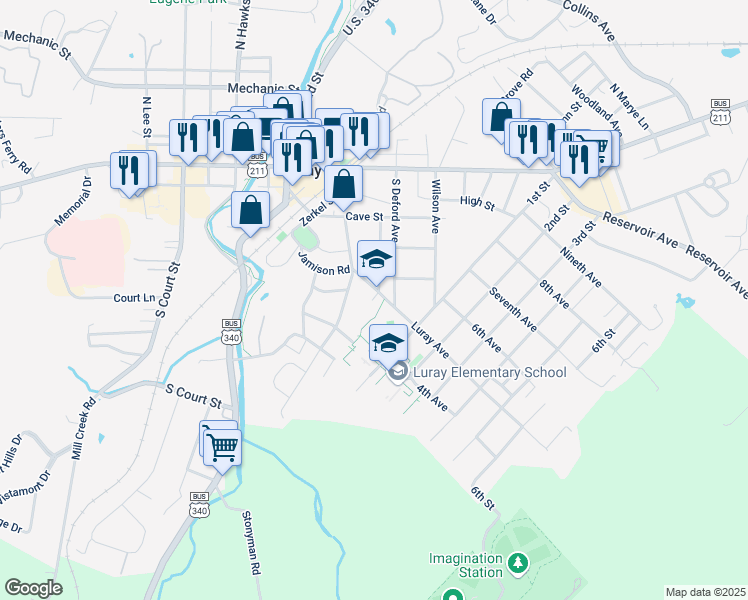 map of restaurants, bars, coffee shops, grocery stores, and more near Luray Avenue in Luray