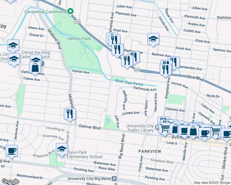 map of restaurants, bars, coffee shops, grocery stores, and more near 789 Yale Avenue in University City
