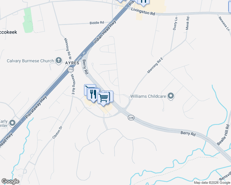 map of restaurants, bars, coffee shops, grocery stores, and more near 16718 Caribbean Way in Accokeek